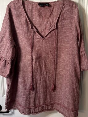Tahari Tunic Top 22 2X 100% Linen 3/4 Ruffle Sleeve Lagenlook Cottage Beach